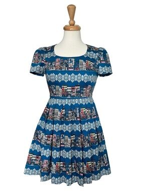 Pin Up Girl Blue Novelty Print Retro Mini Dress UK 8 US S